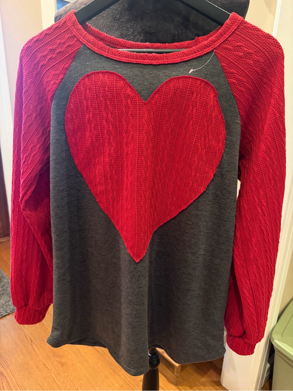 HEIMISH USA Red Cable-Knit Heart Raglan Pullover - Red & Gray New without tags